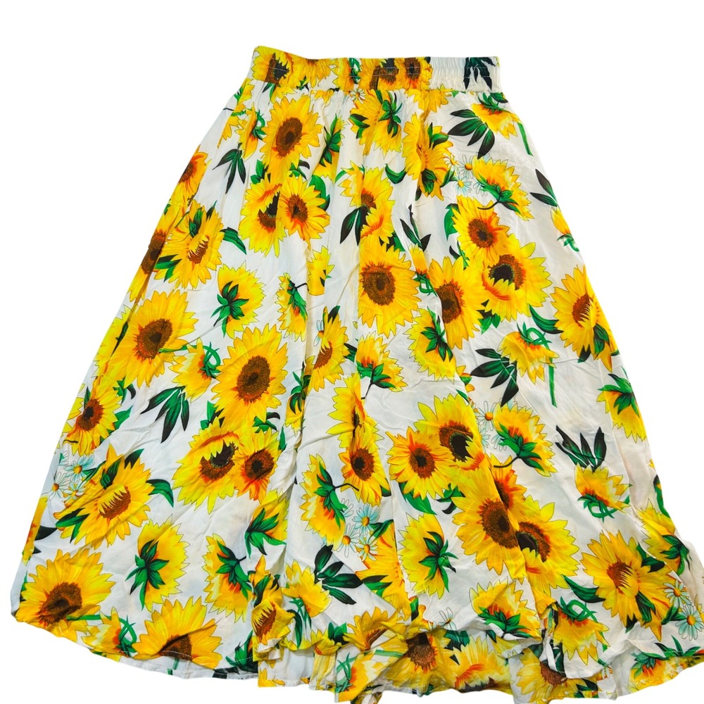 Aly Daly Women Yellow Sunflower Print Maxi Skirt Elastic Waist White Large